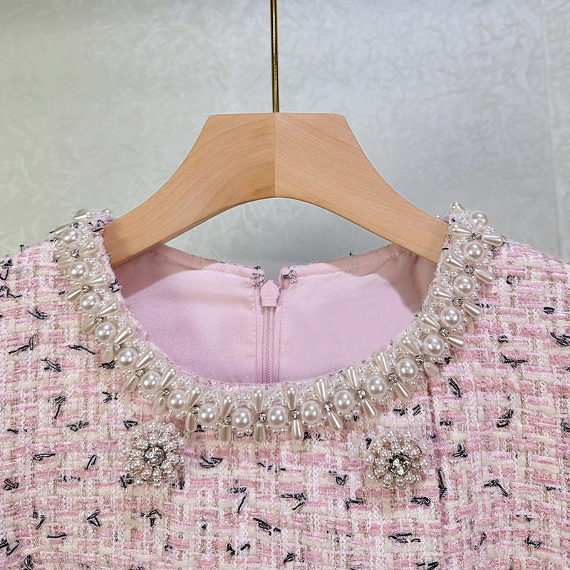 Embellished Bouclé Mini Dress in pink