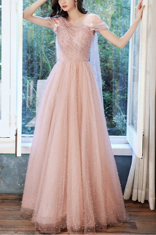 Pink one-shoulder pearl maxi evening dress