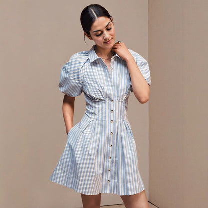 Blue White Stripe Collared Puff Sleeve Button Front Mini Shirt Dress