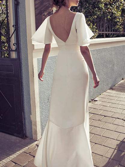 White irregular V-neck, backless long skirt, flared sleeves, elegant dress skirt, waist slimming, satin dress