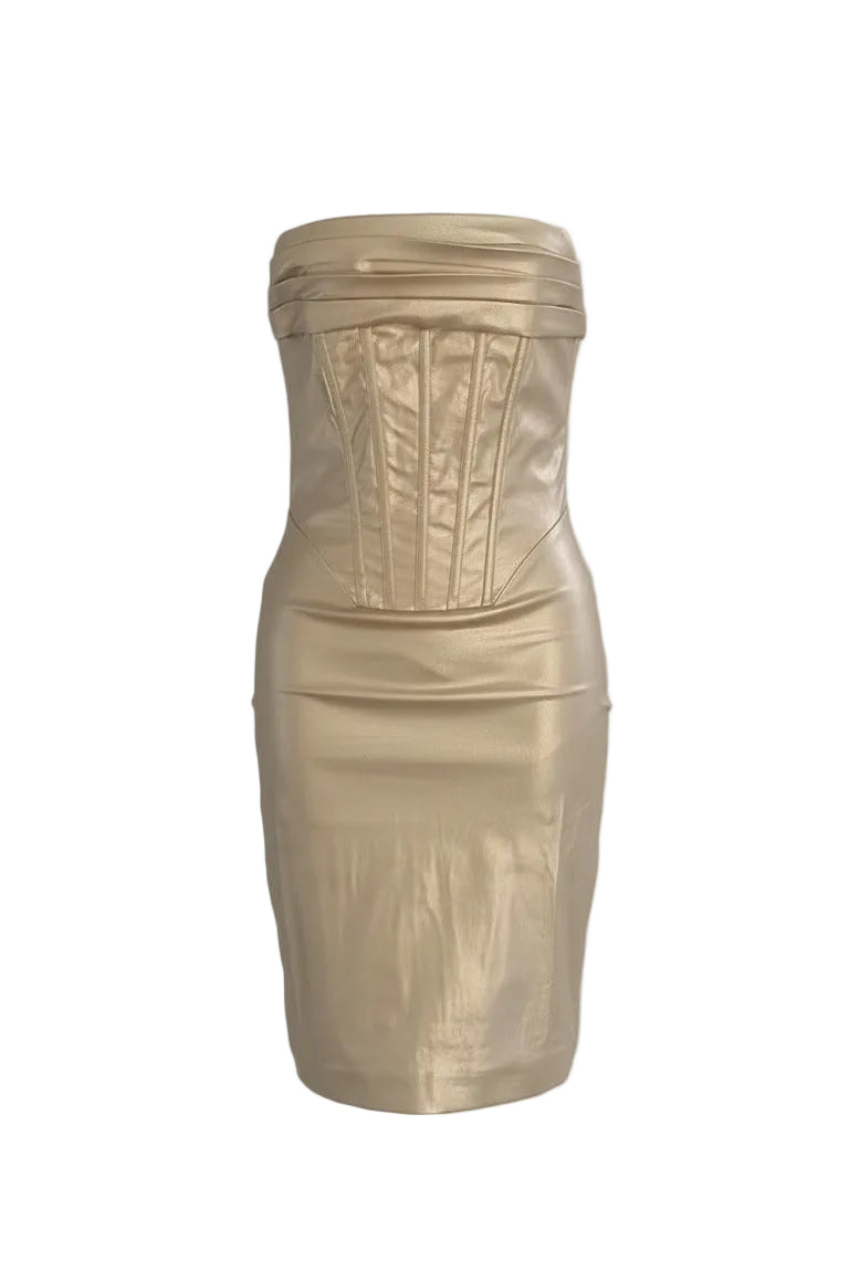 lauren pleated strapless back slit mini dress in gold