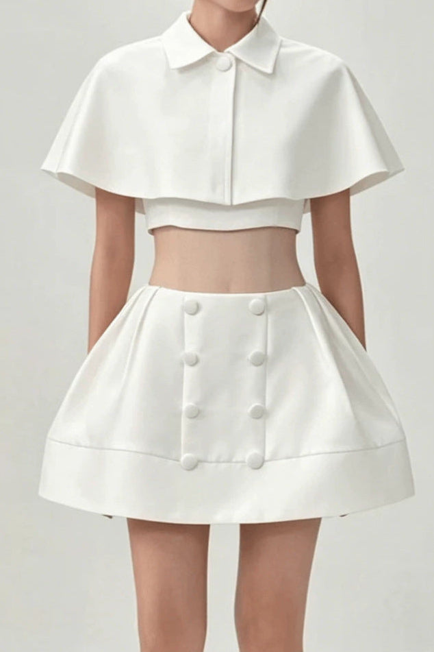 White Cape Collar Crop Top & Double Button Pleated Mini Skirt Two Piece Set