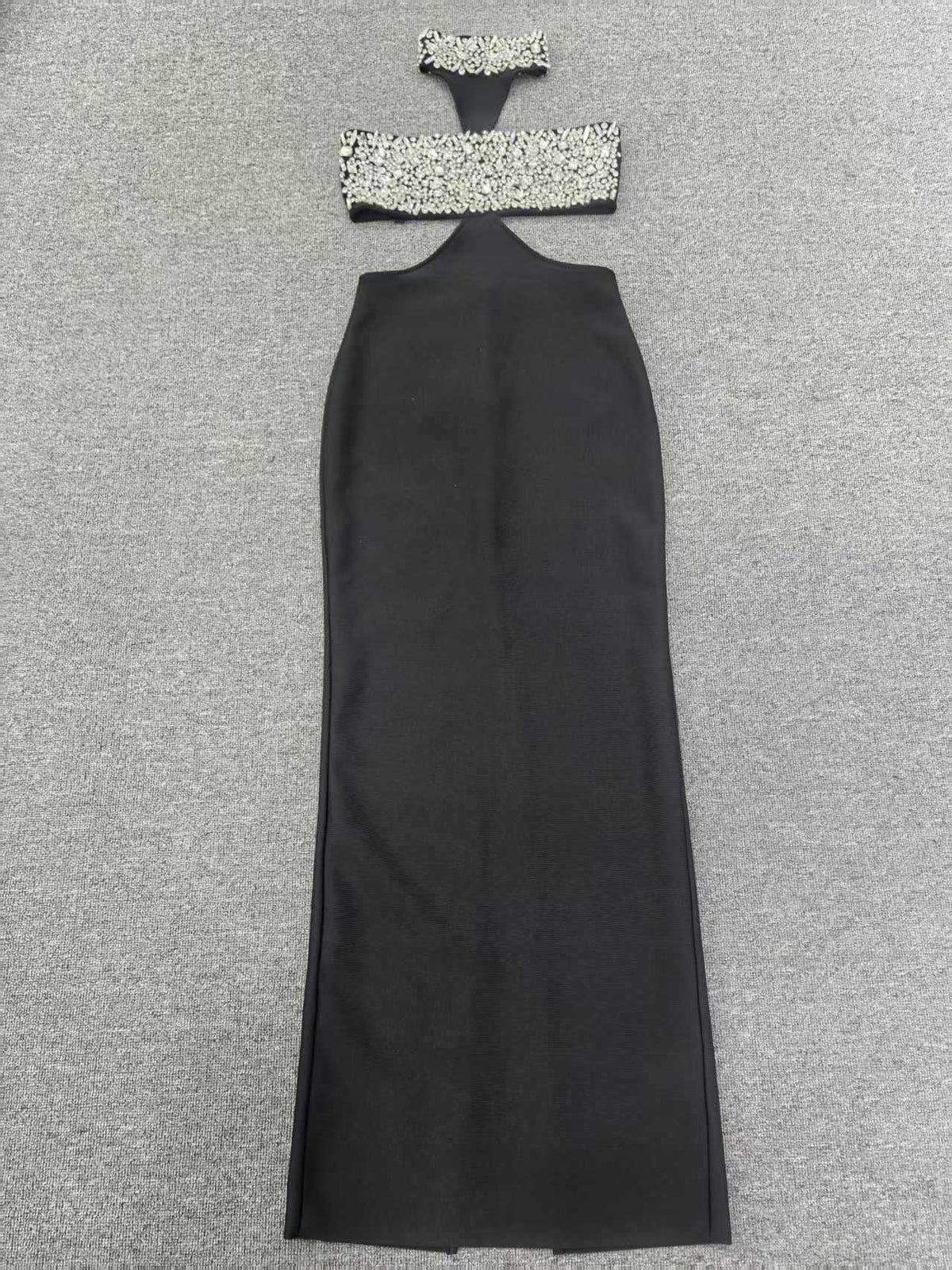 gwendolyn crystal halter cut out maxi dress in black
