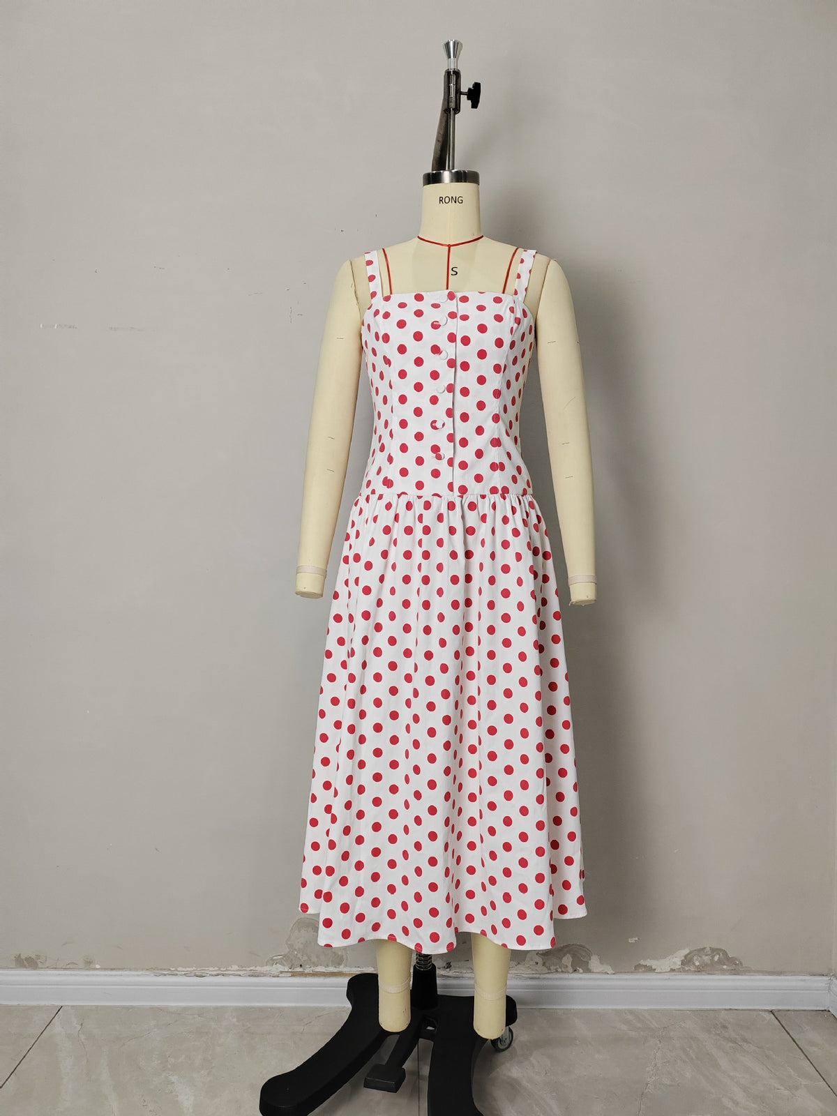 Cream Red Polka Dot Square Strap Button Front Flared Midi Dress