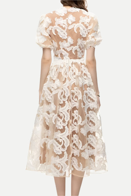 alisa mesh embroidered puff sleeves midi dress in beige