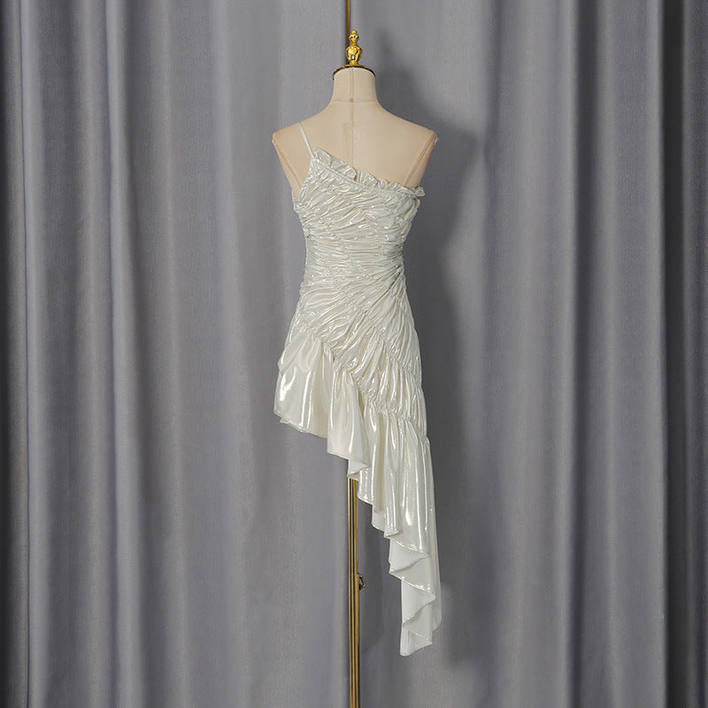 Champagne Gold Metallic Ruched Asymmetrical Dress