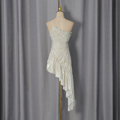 Champagne Gold Metallic Ruched Asymmetrical Dress