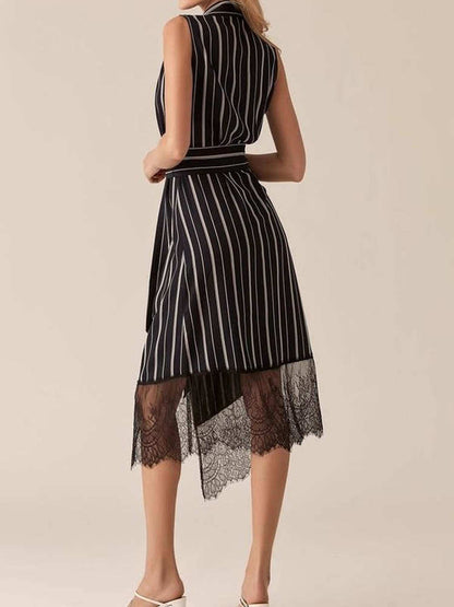 Sleeveless Striped Blazer Midi Dress with Lace Trim
