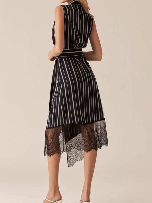 Sleeveless Striped Blazer Midi Dress with Lace Trim