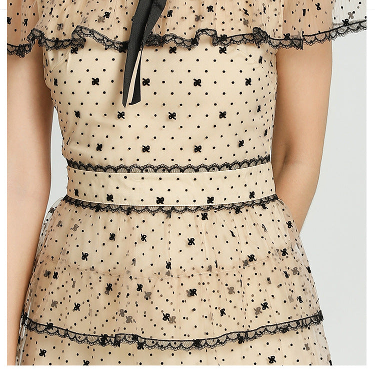 floral Embroidery pleated mesh midi dress in apricot