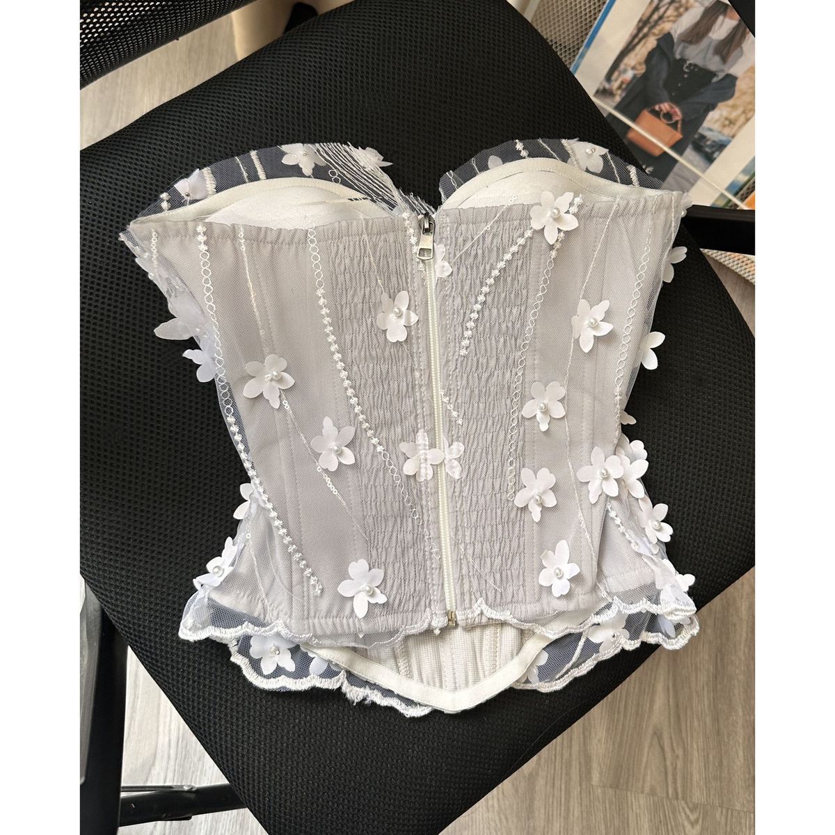 Light Grey Mesh Structured Corset Top with Floral Appliqué