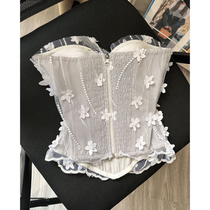Light Grey Mesh Structured Corset Top with Floral Appliqué