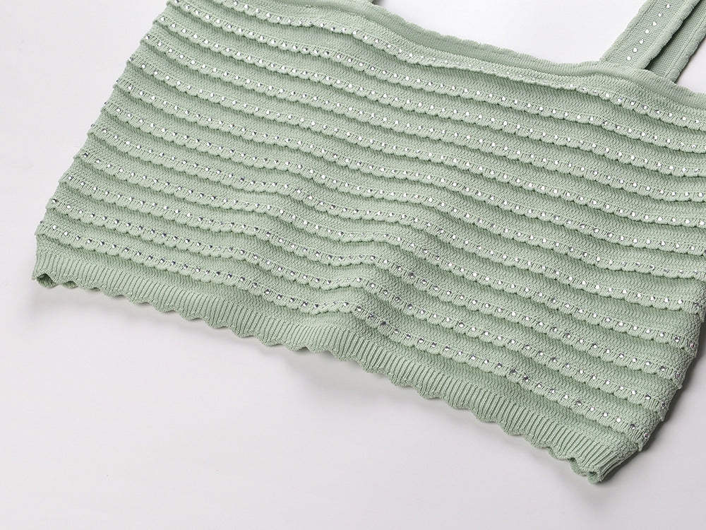 Rhinestone Trim Knit Crop Top in Almond Green