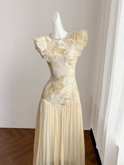 Cream Lace Floral Embroidered Maxi Dress with Ruffled Sleeves