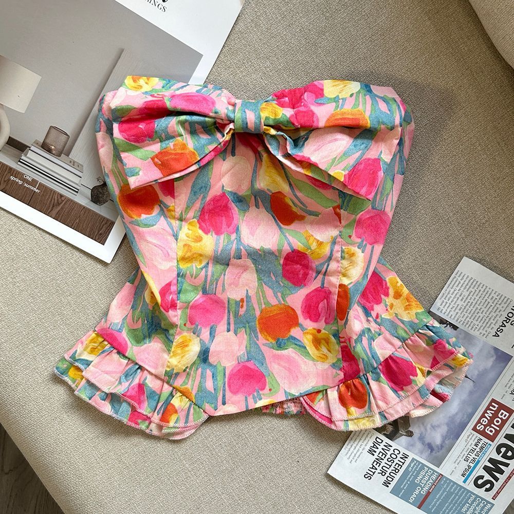 Pink Floral Strapless Corset Top with Peplum