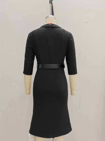 Black Folded Collar Split Cuff Midi Dress With Leather Belt