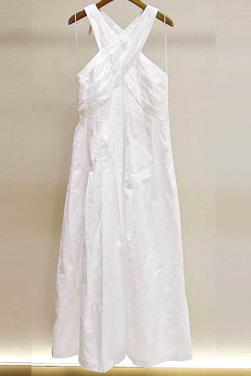 High crossover V-neck pleated maxi dress in white
