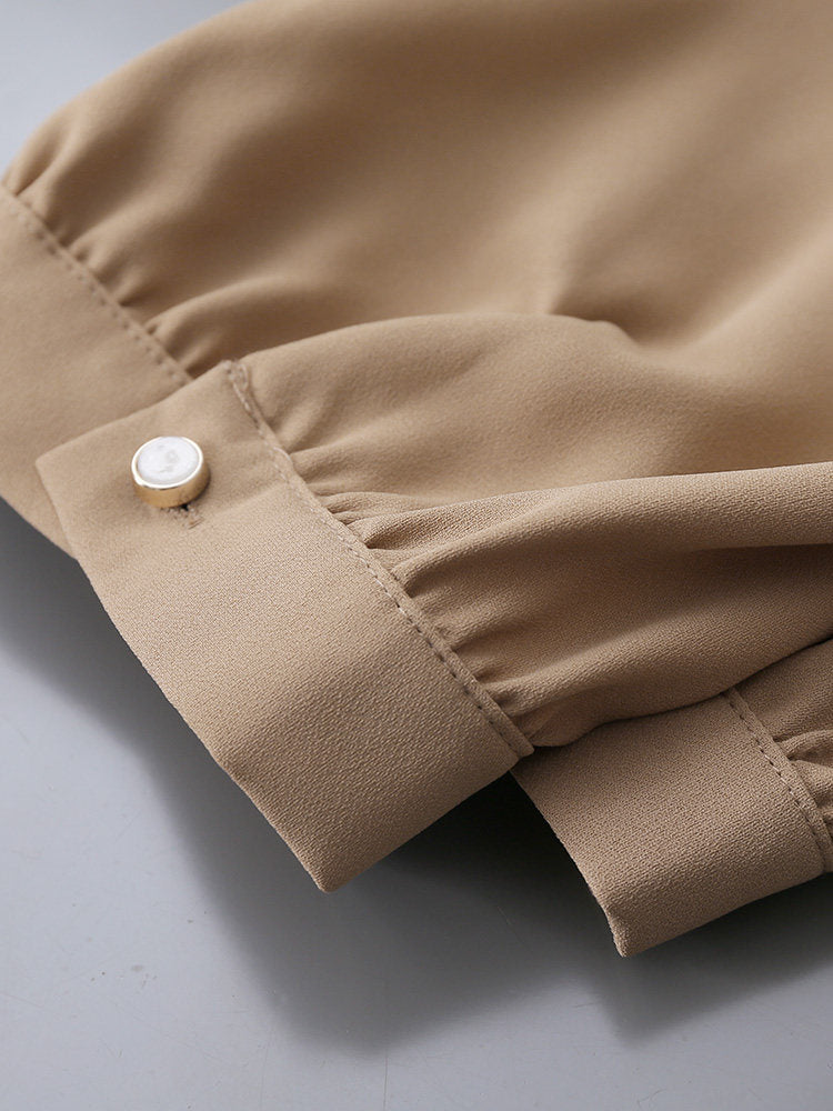Big Bow Tie Neck Pleated Puff Short Sleeve Satin Blouse