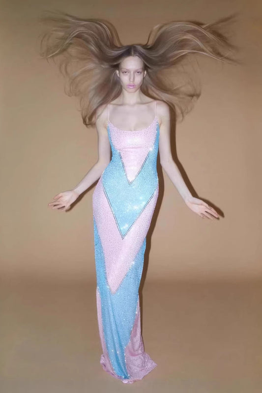 simona fully rhinestoned bodycon maxi dress - blue & pink