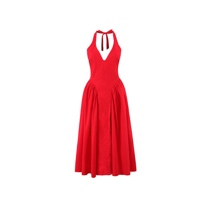 Halter Deep V Flared Maxi Dress