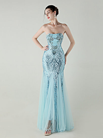 sequin strapless tulle maxi dress