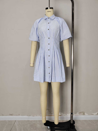 Blue White Stripe Collared Puff Sleeve Button Front Mini Shirt Dress