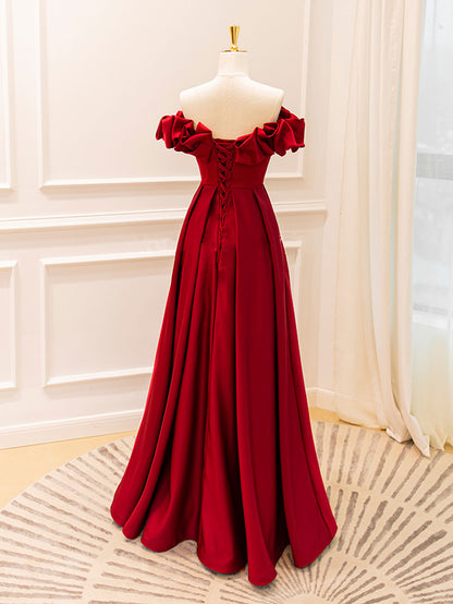 A-Line Off Shoulder Satin Burgundy Dress