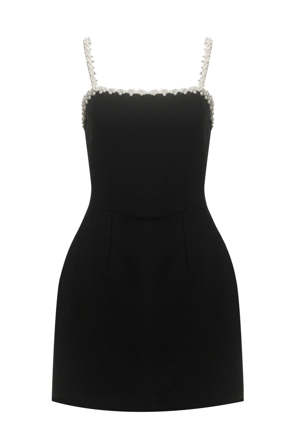 pearl embellished strap mini dress in black