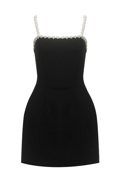pearl embellished strap mini dress in black