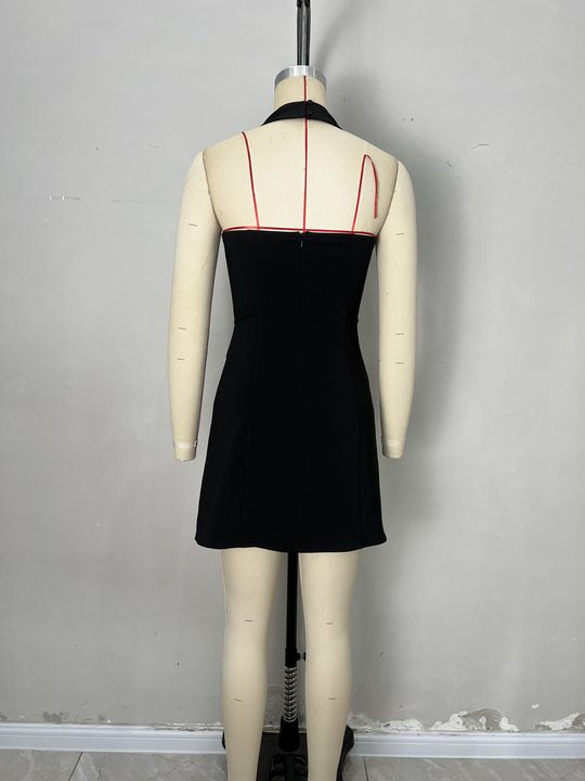 Black Halter Deep V Neck Rhinestone Button Wrap Mini Dress Waist Tie Sleeveless Party Dress