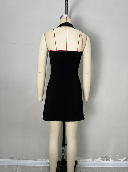 Black Halter Deep V Neck Rhinestone Button Wrap Mini Dress Waist Tie Sleeveless Party Dress