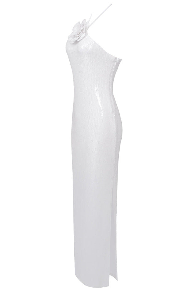 White Sequined Mesh Column Dress with Flower Embellishment