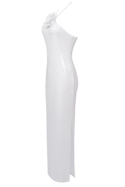 White Sequined Mesh Column Dress with Flower Embellishment