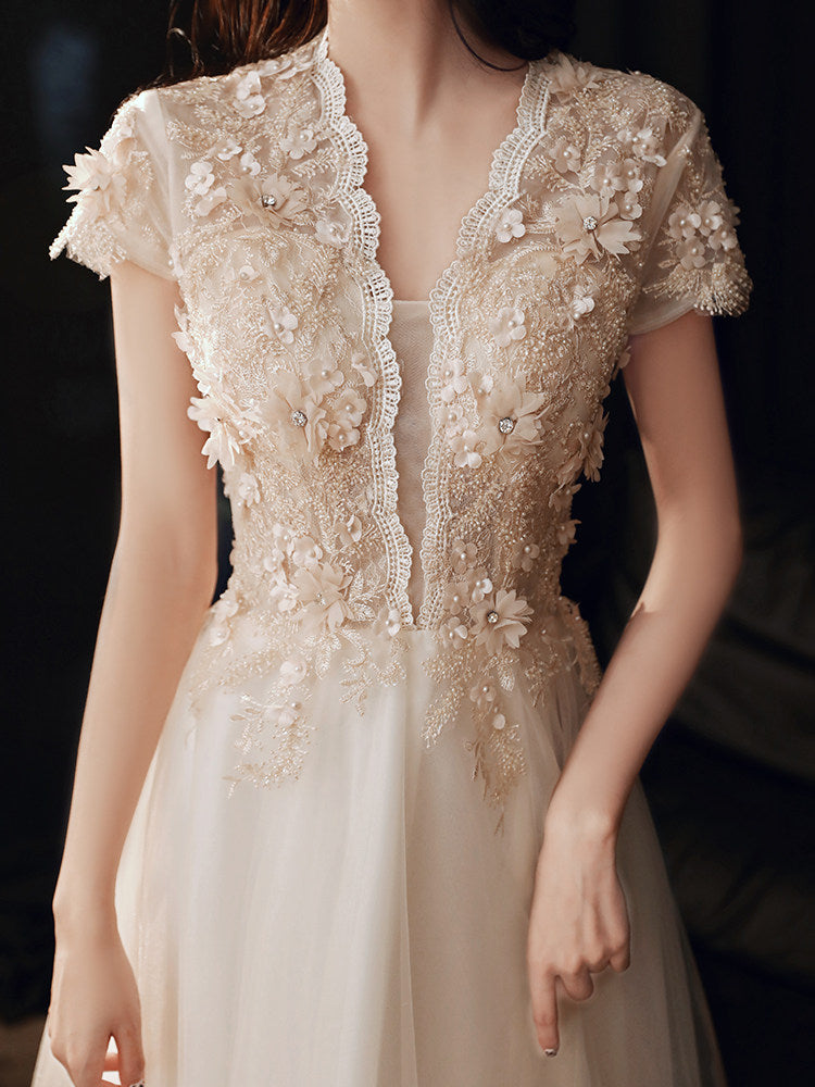3D Floral Lace Short Sleeve Tulle Floor-Length Evening Gown