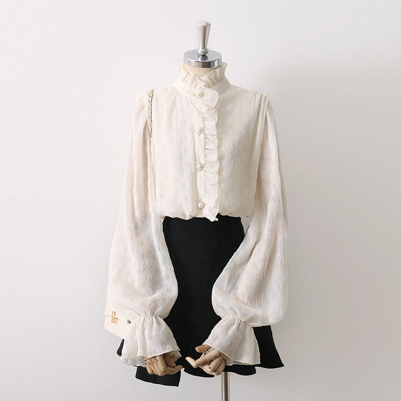 Ruffled Stand Collar Pearl Button Lantern Long Sleeve Textured Blouse