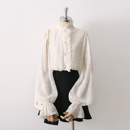 Ruffled Stand Collar Pearl Button Lantern Long Sleeve Textured Blouse