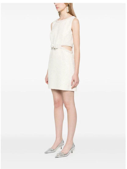 cut out cream boucle pearl mini dress