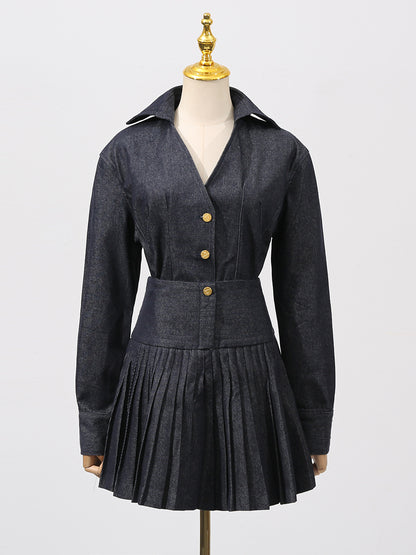 florence Single-breasted top pleated skirt in navy blue