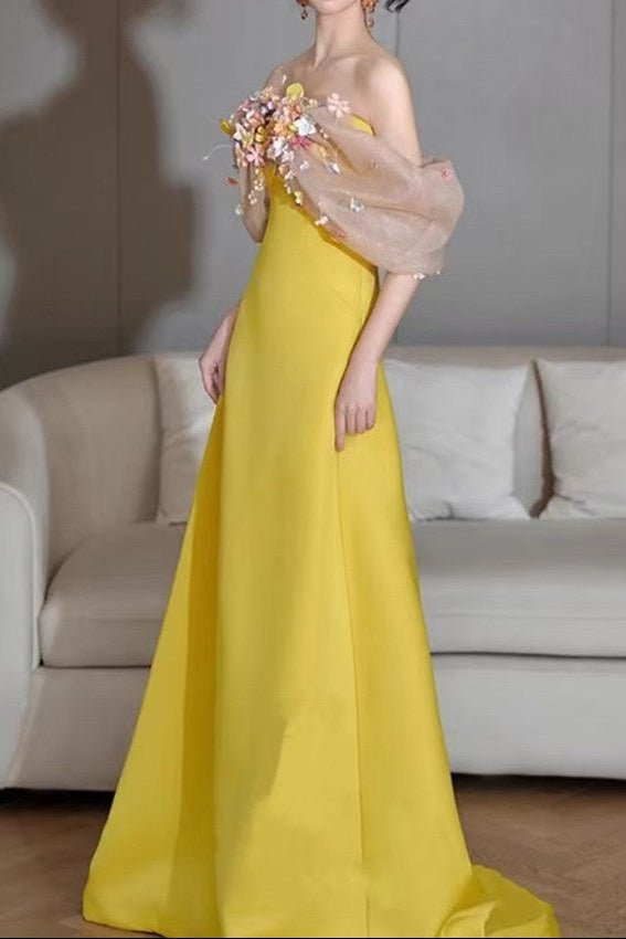 Bright Yellow Satin Strapless Maxi Gown With 3D Colorful Floral Tulle Bust