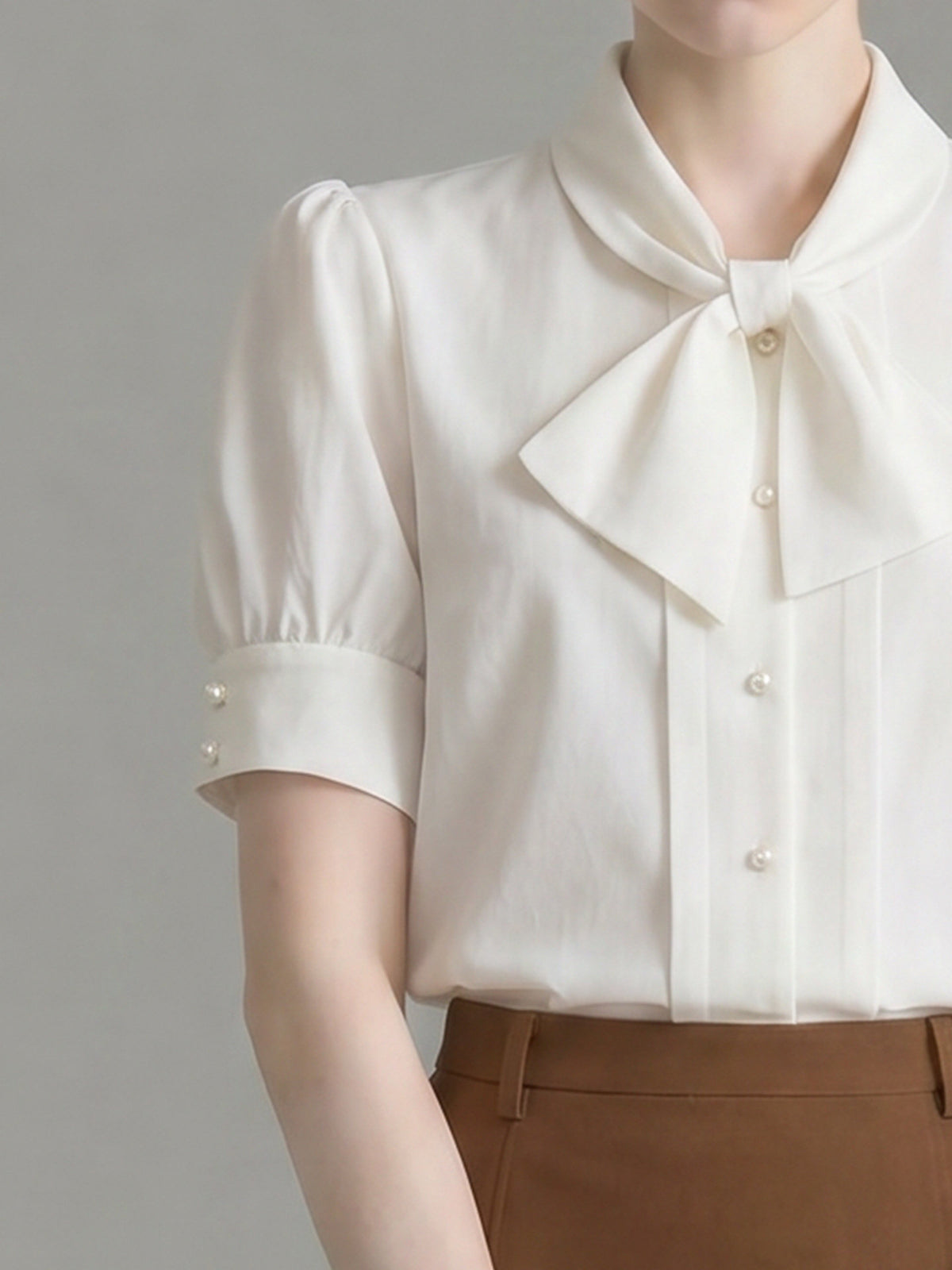 Bow Tie Neck Pearl Button Puff Short Sleeve Satin Blouse