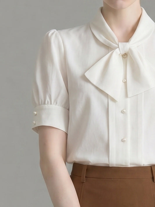 Bow Tie Neck Pearl Button Puff Short Sleeve Satin Blouse