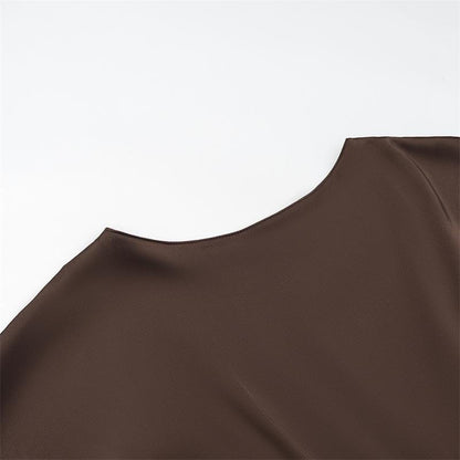 Chocolate Brown Satin Asymmetrical A-Line Dress with Capelet Overlay