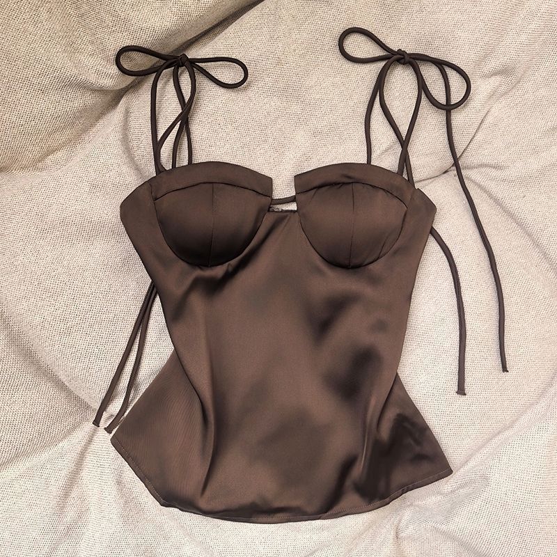 Dark Brown Satin Structured Corset Top
