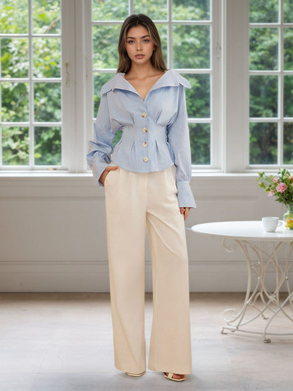 Blue White Stripe Off Shoulder Collared Cinched Waist Peplum Shirt
