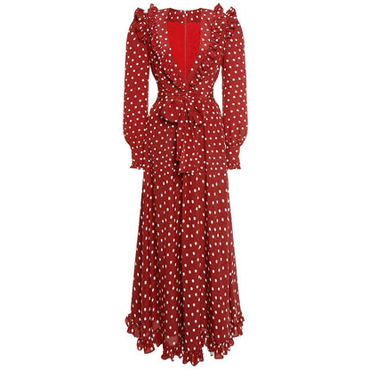 red long sleeve polka dot midi dress