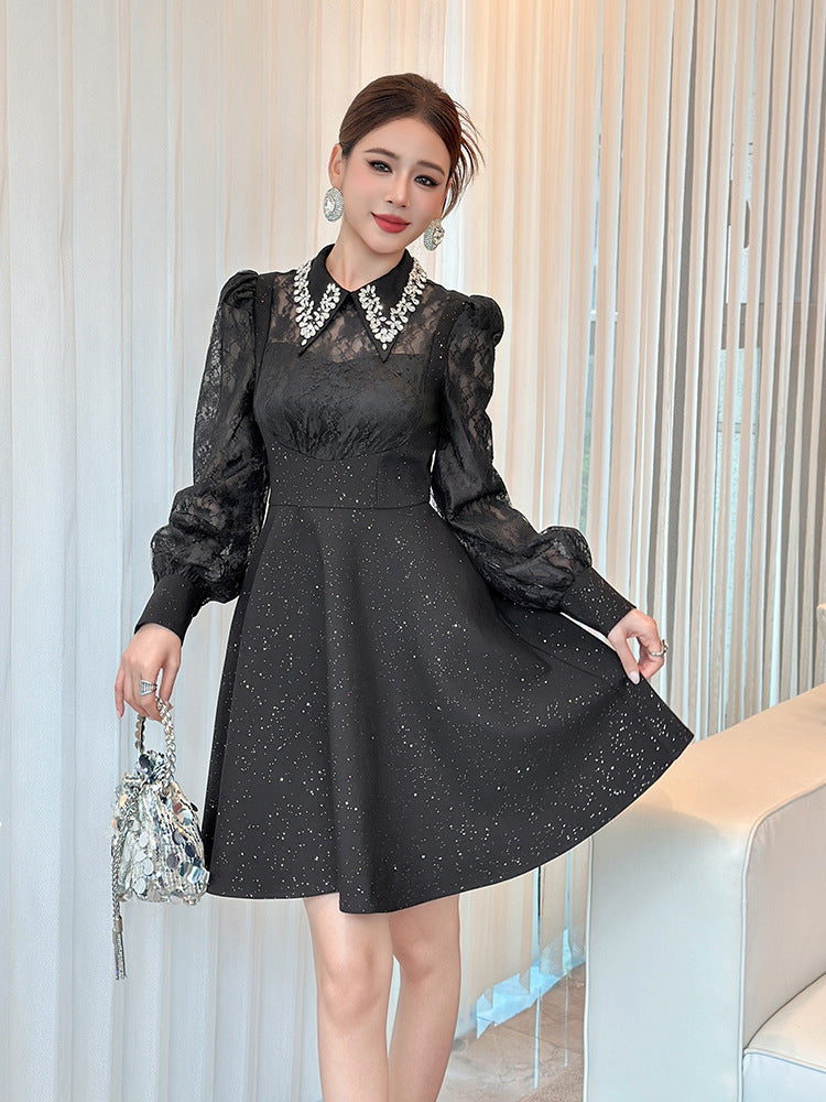 lynn black rhinestone collar neck lace hollow sleeve mini dress