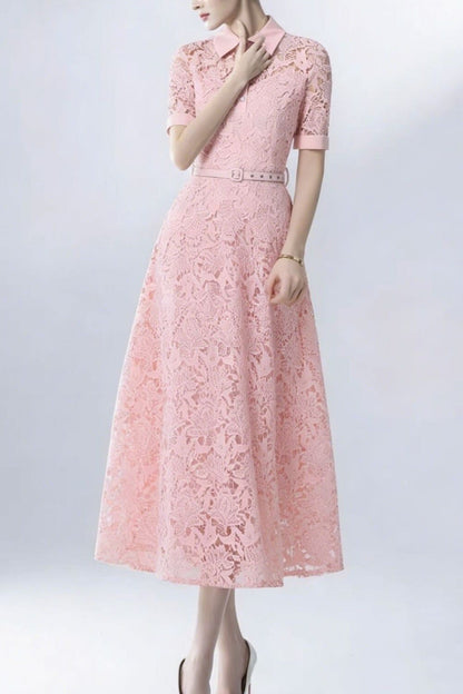 Lace Collared Belted Midi Dress