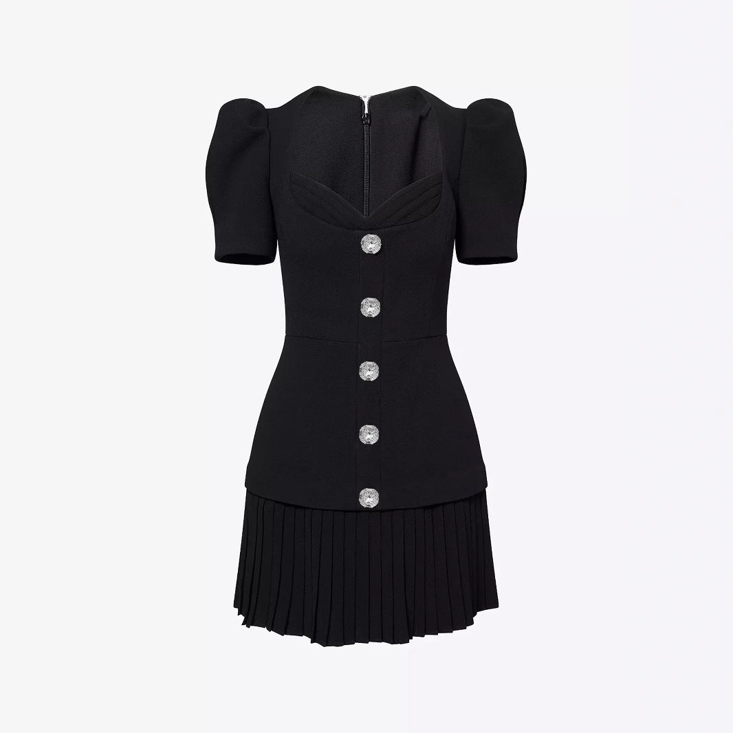 Black Sweetheart Square Neck Rhinestone Button Puff Sleeve Pleated Mini Dress