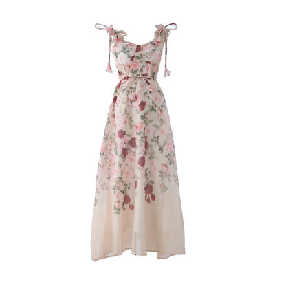 Pastel Floral Print Spaghetti Strap Midi Dress with 3D Flower Appliqués