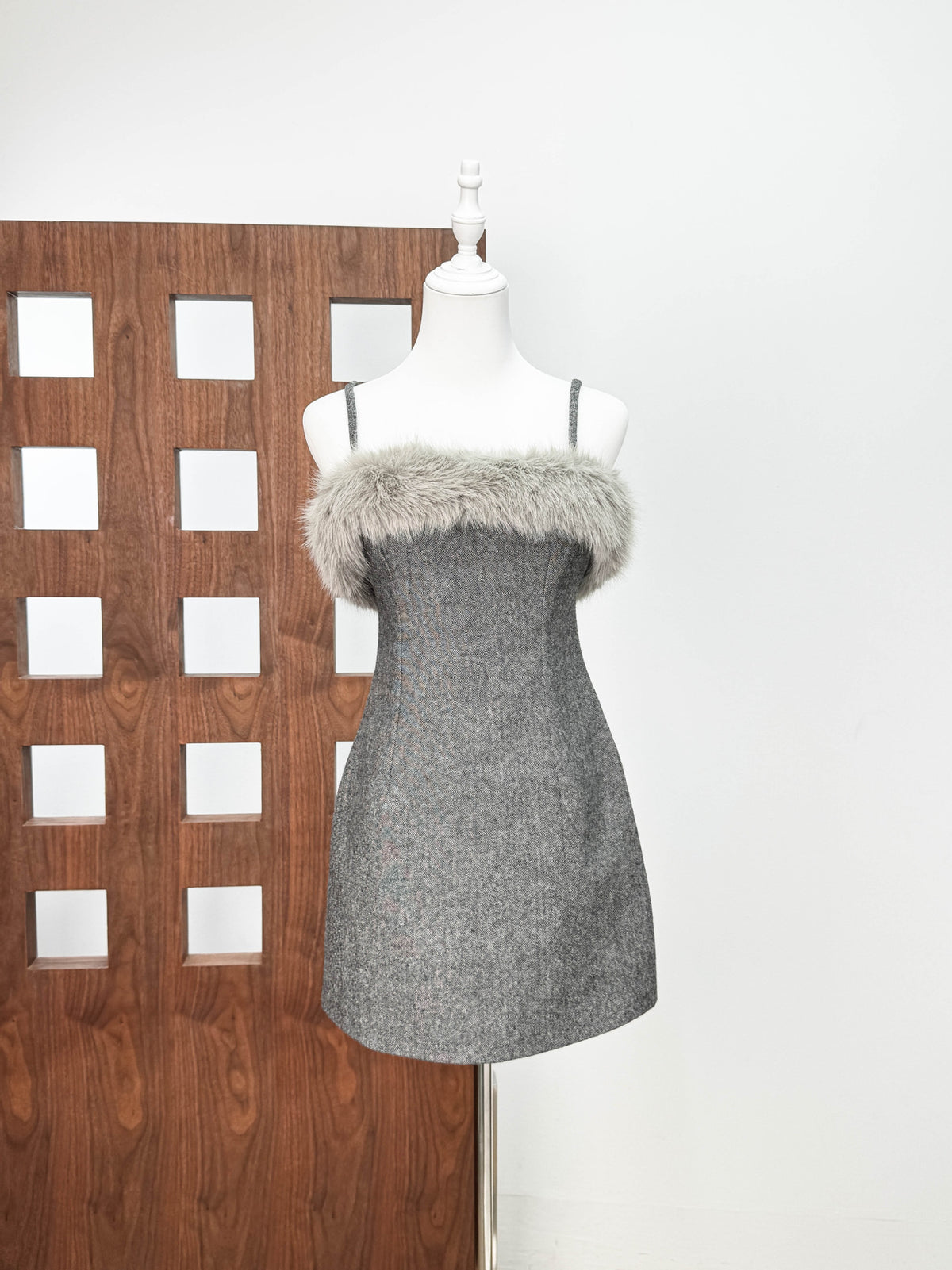 victoria Spaghetti Faux Fur Mini Dress in grey